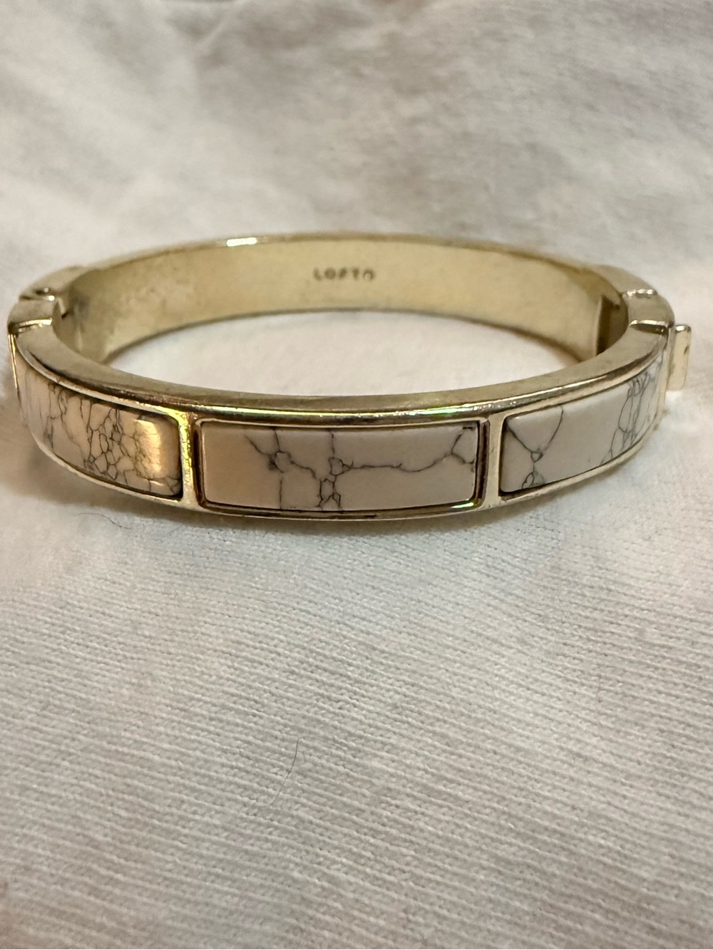 LOFT Gold Tone Hinged Bangle Bracelet with White Marbled Inlay, Signed